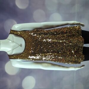 Dressbarn Gold & Brown Square Sequined Sleeveless Tank Top sz L